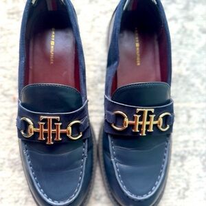 Tommy Hilfiger Navy Leather & Suede Loafers with Gold TH Hardware